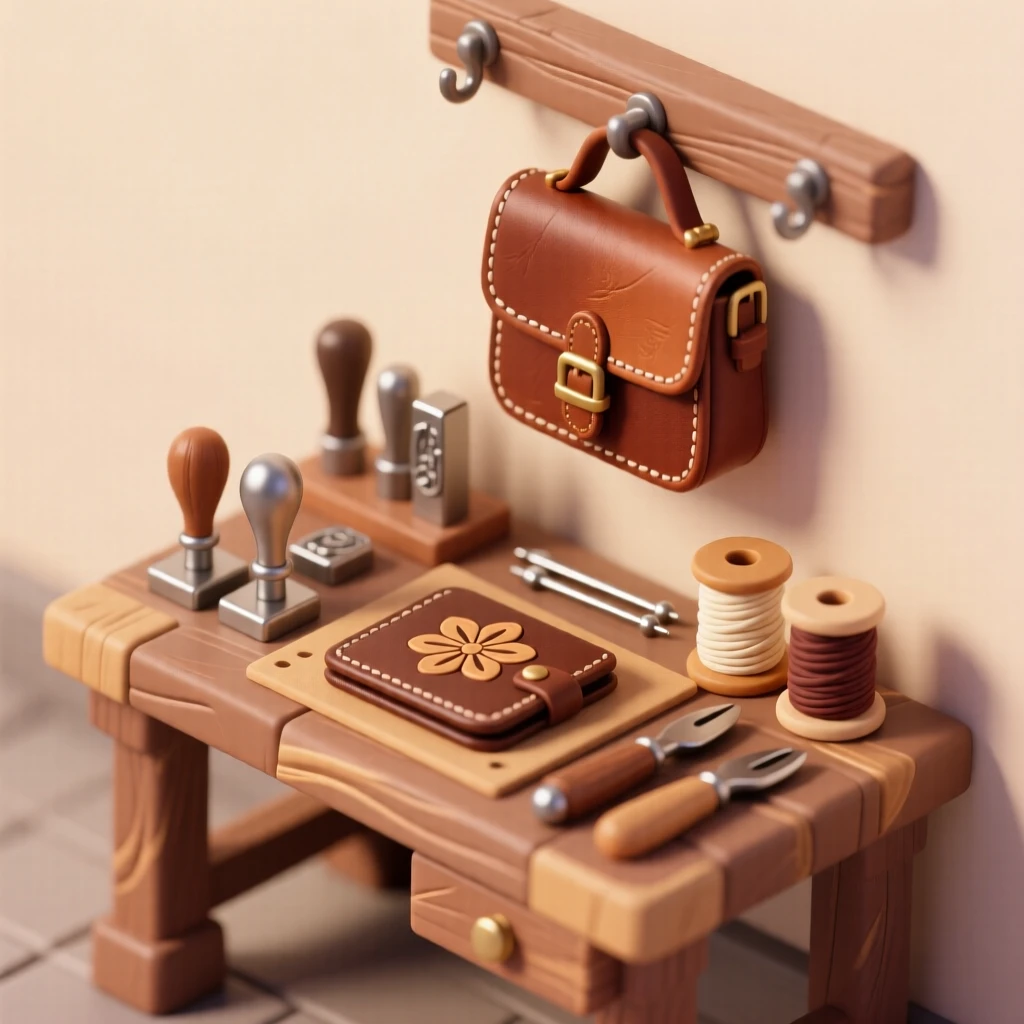 A leatherworking bench with tools stamping patterns into a wallet, thread and needles nearby, and a finished satchel hanging above.