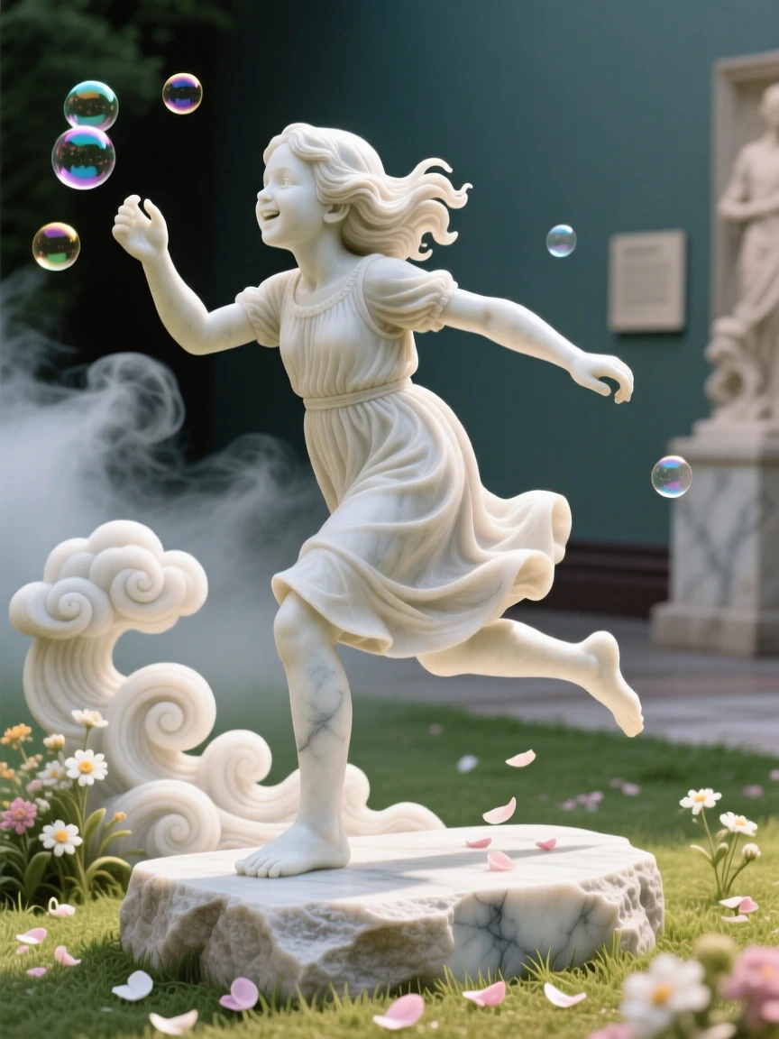 A vivid, emotionally rich scene of a young girl chasing bubbles in a sunlit yard, amid swirling clouds and mist, designed to captivate and inspire