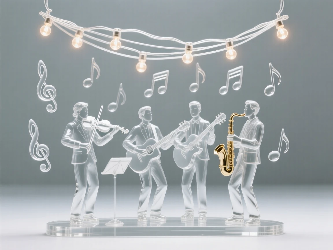 A group of musicians performing together beneath string lights while notes seem to hang in the air around them