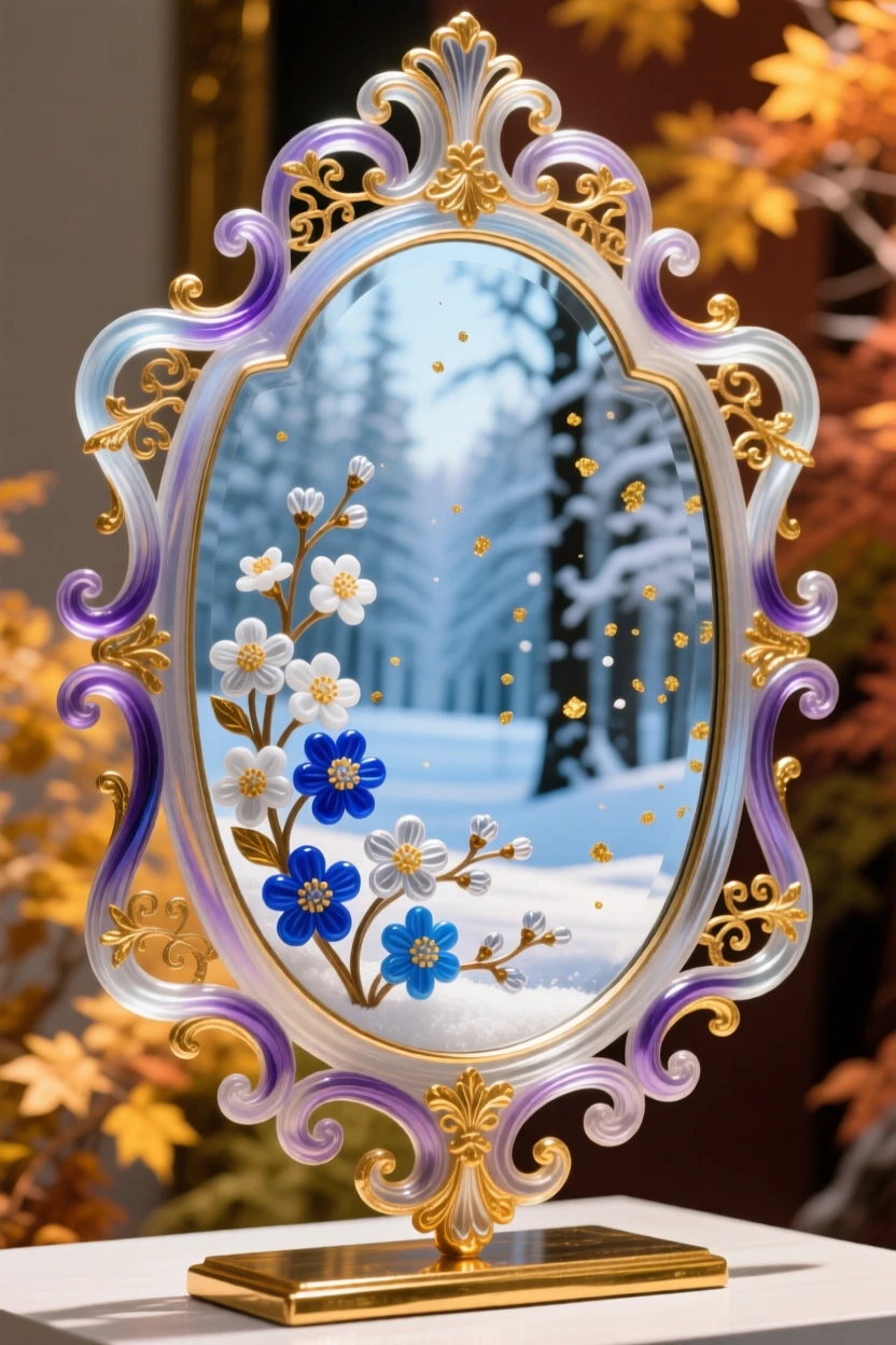 A mirror reflecting a completely different season than the one outside it, surreal and mysterious.