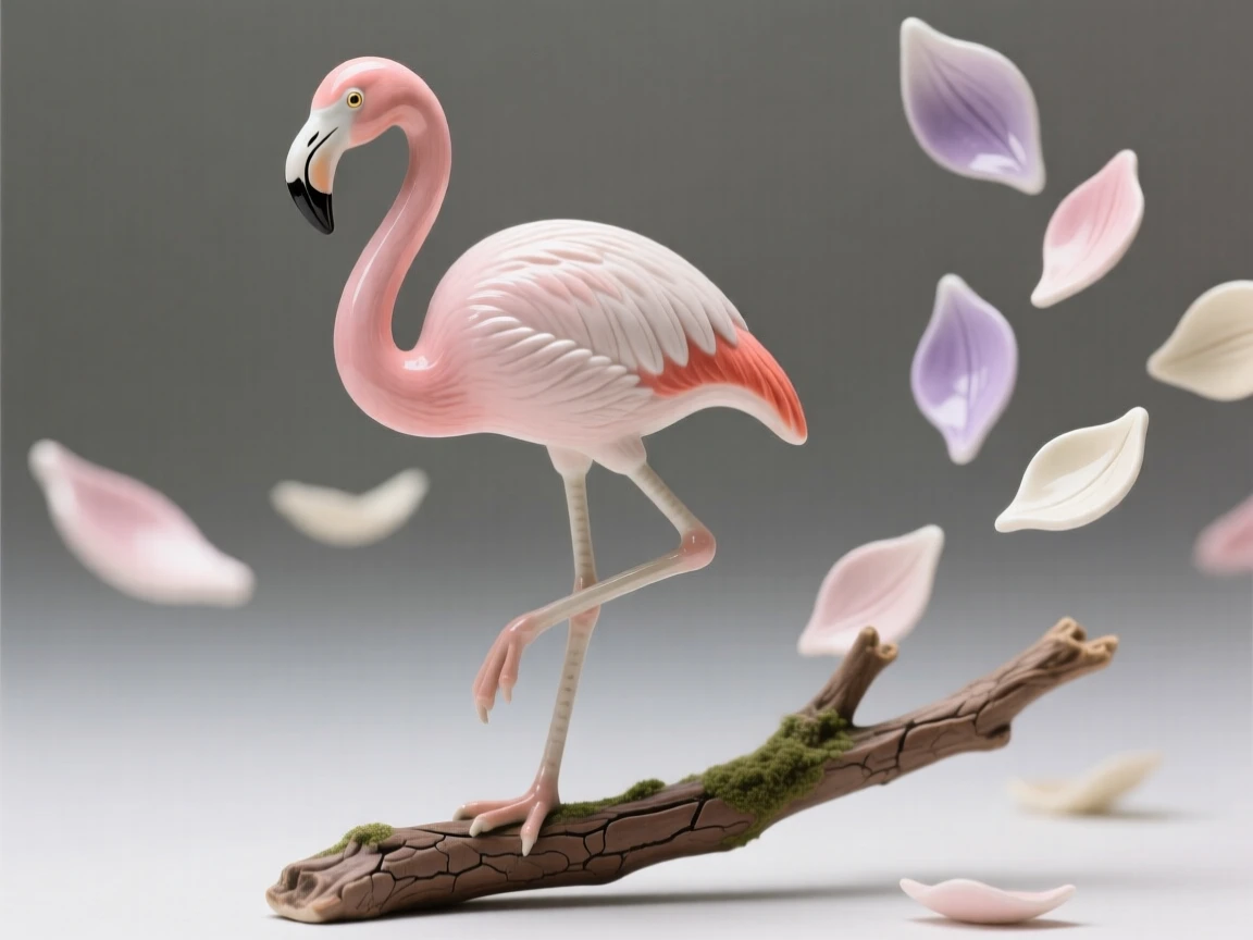 A flamingo standing on one leg poised delicately on a slender branch, surrounded by a scatter of drifting petals, stirring quiet joy and gentle wonder.