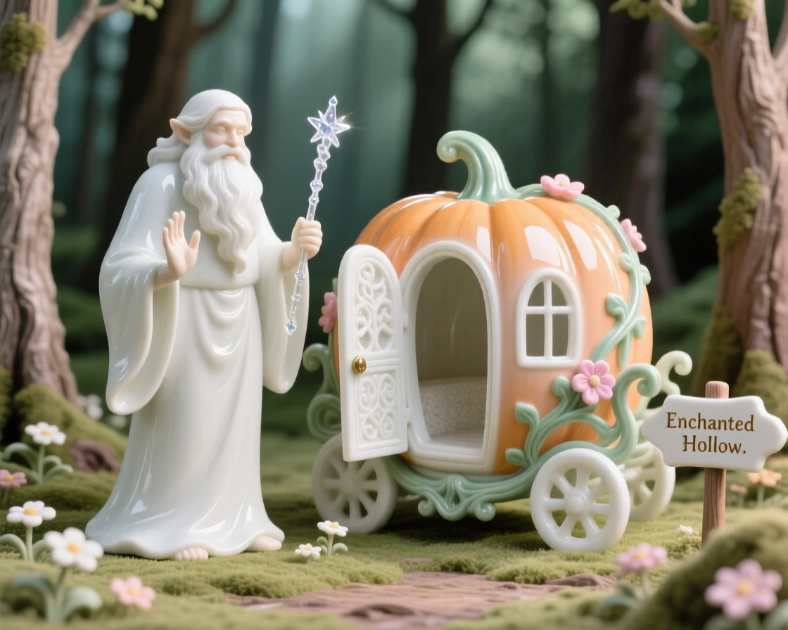 A whimsical scene of a gentle giant waving a sparkling wand over a pumpkin carriage in an enchanted forest clearing.