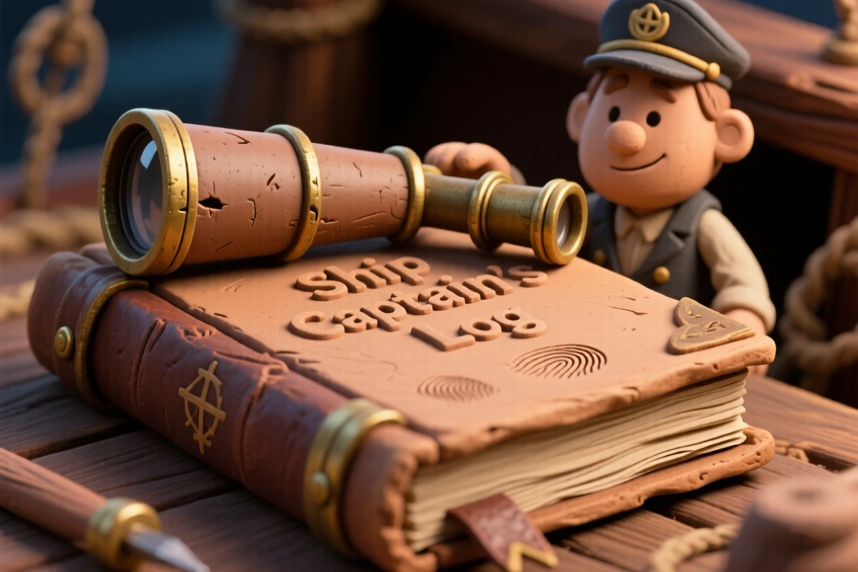 An antique spyglass resting on a ship captain's log book