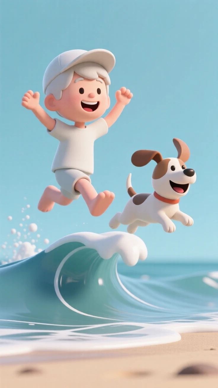 A joyful boy and his dog race across a beach, both leaping over an incoming wave together.