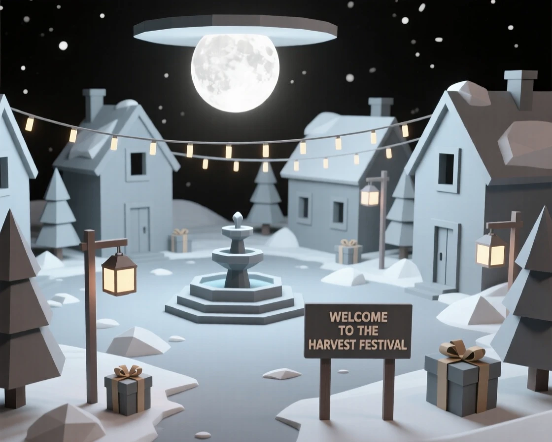 A quiet snowy village square lit with string lights, beneath a full harvest moon. small charming details enrich the festive setting. The scene feels warm and celebratory.
