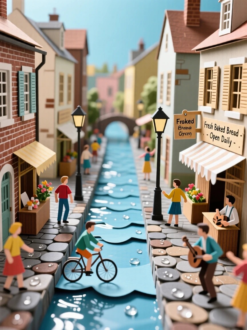 A quiet canal lined with old townhouses bustling with life at midday, with cobblestones glistening from recent rain, conveying vibrant local energy.