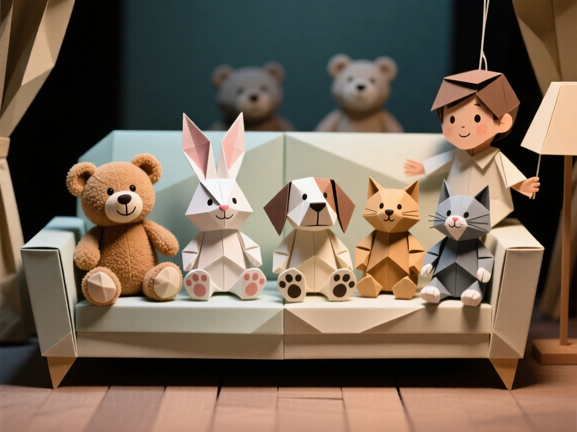 A child's puppet show audience of stuffed animals lined up on a couch.