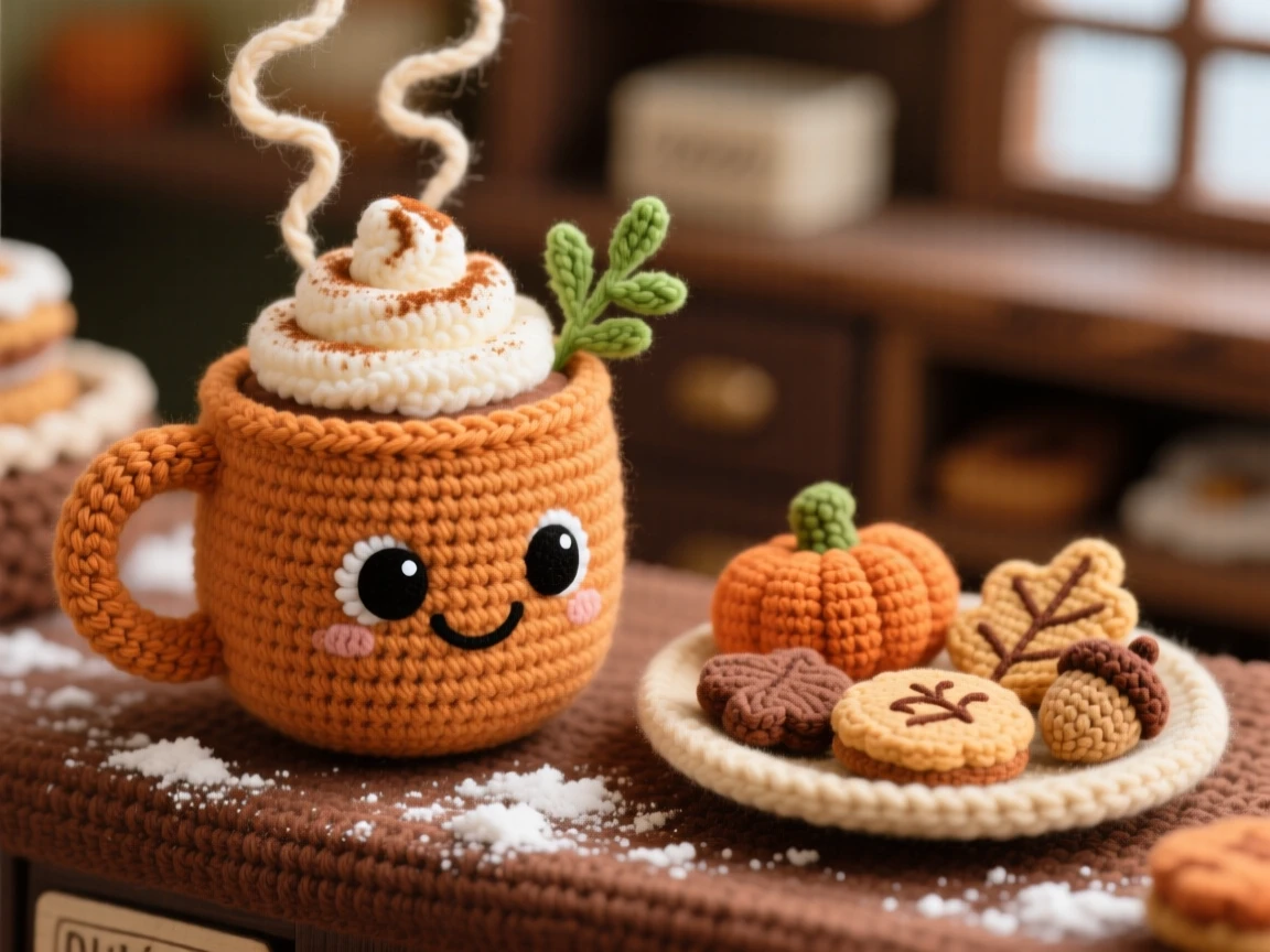 a smiling mug of pumpkin spice cocoa character, topped with cinnamon dust, steaming beside a plate of autumn cookies, displayed in a cozy village bakery counter dusted with flour, with a sprig of fresh herbs as garnish, radiating a cozy sense of shared treats.