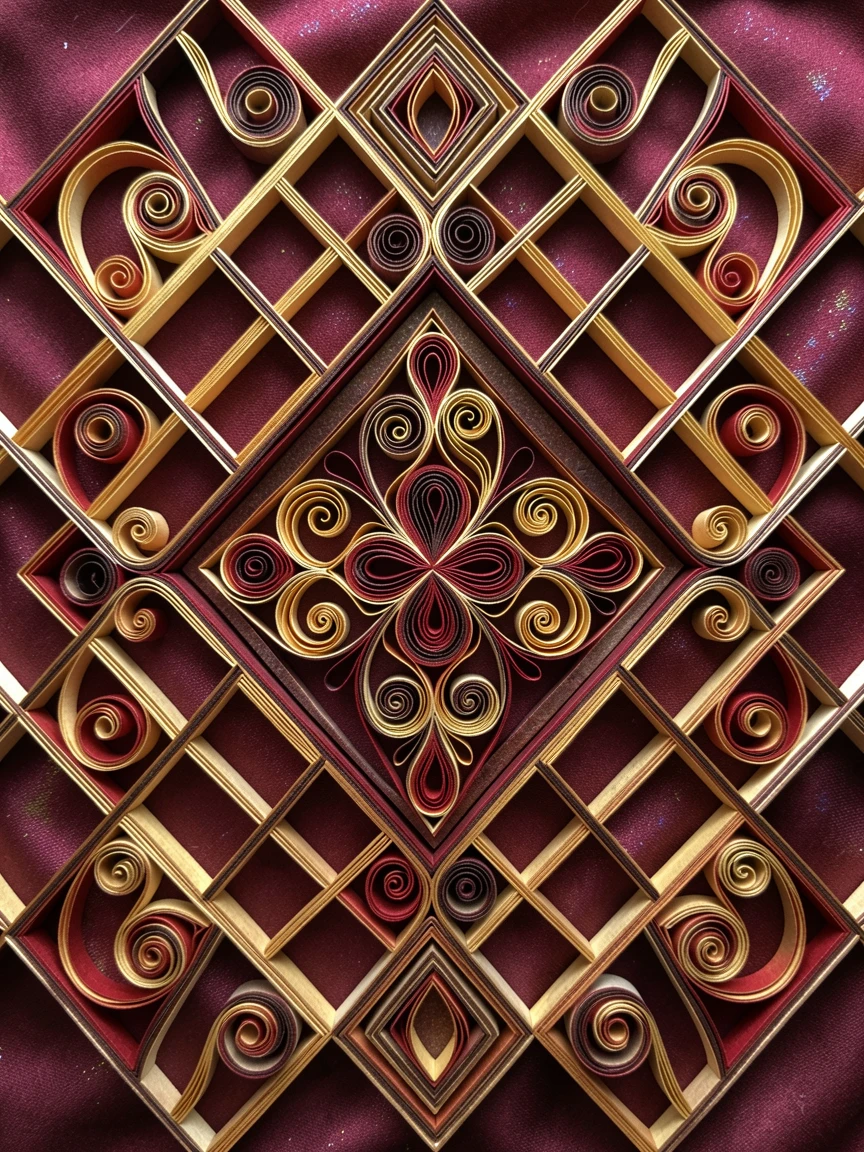 a lattice of interlocking geometric diamonds, presented on a rich burgundy fabric backdrop, composed with a strong central focal point, with a subtle iridescent shimmer.