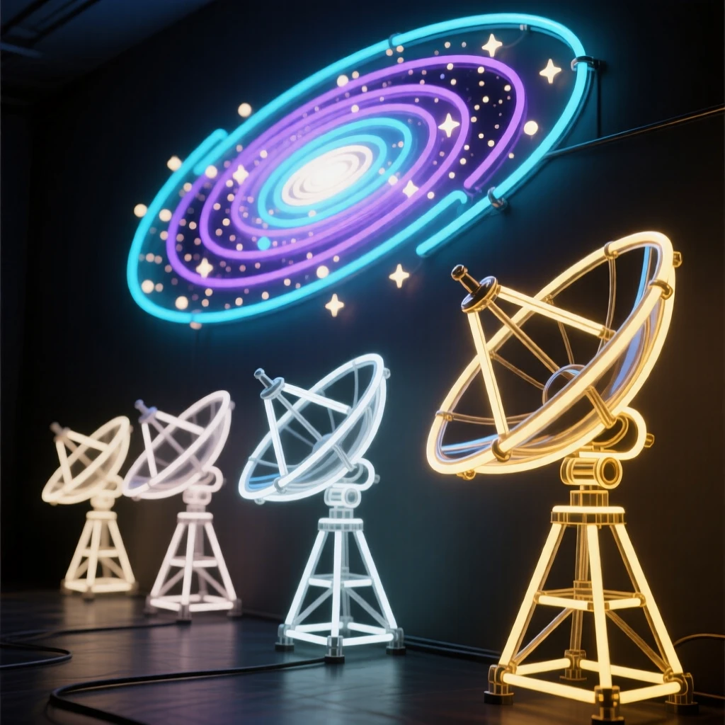 A telescope array aimed at a distant spiral galaxy.