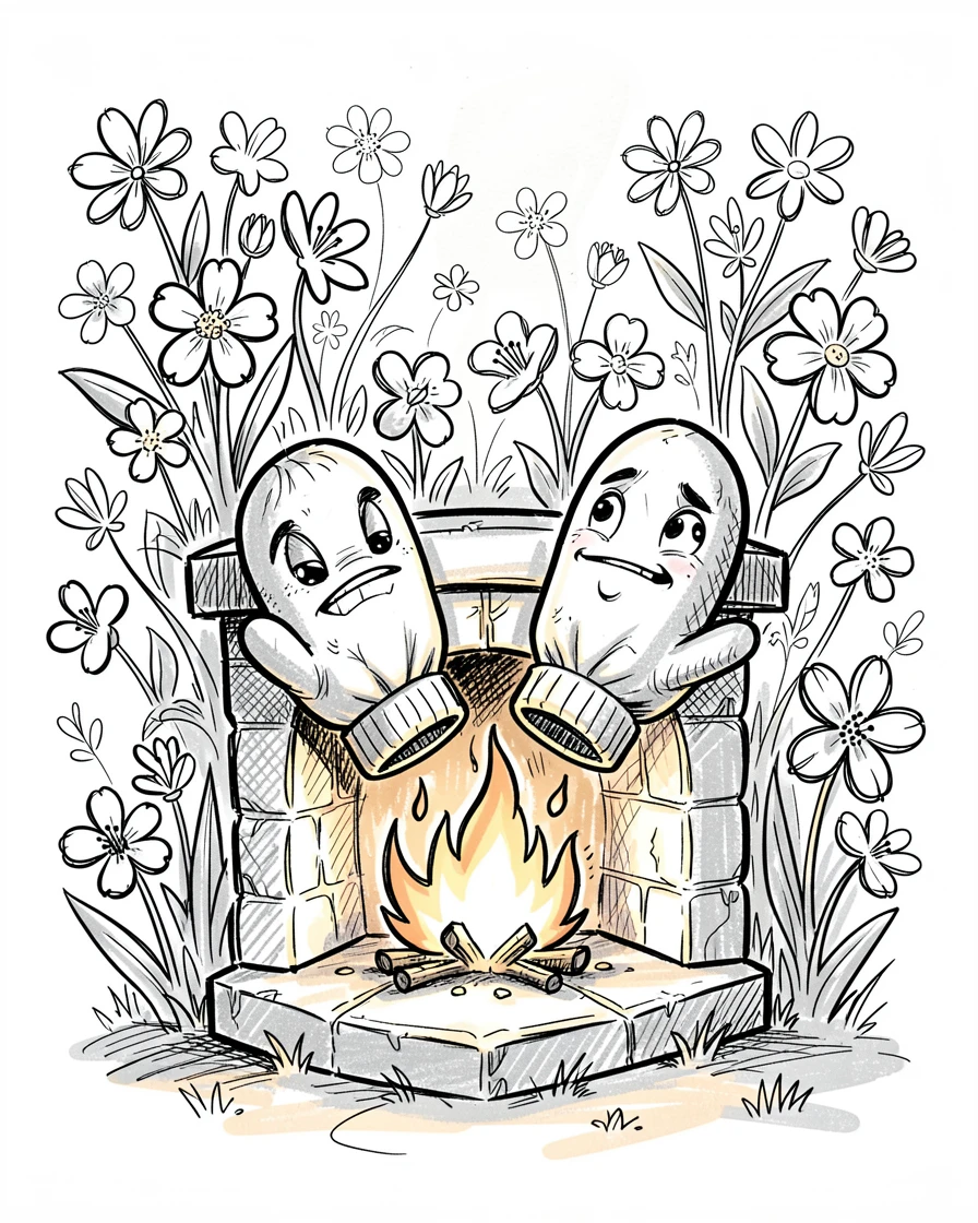 A pair of mittens drying by a fireplace in a garden full of spring blossoms.