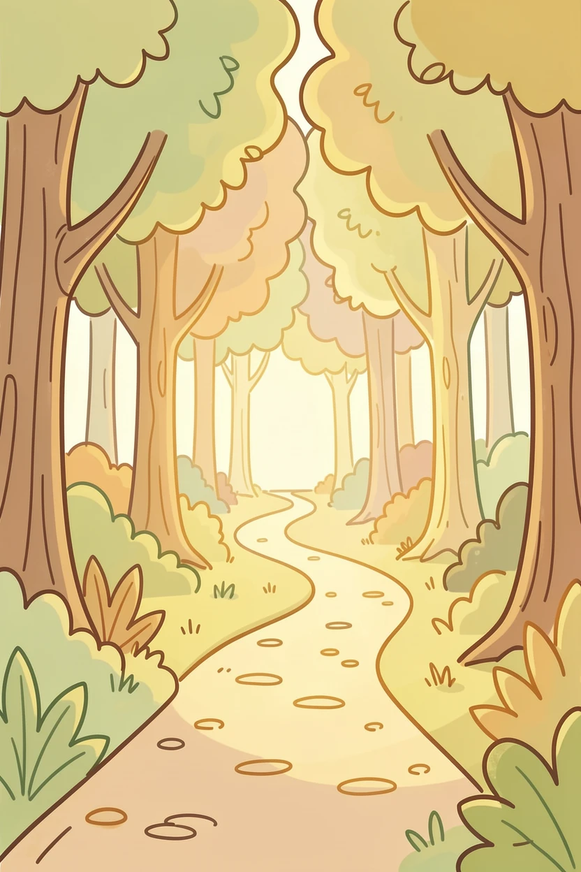 A path through a forest dappled with golden afternoon sunlight.