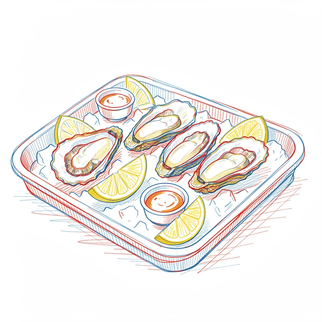 A row of fresh oysters on ice with lemon wedges and mignonette sauce