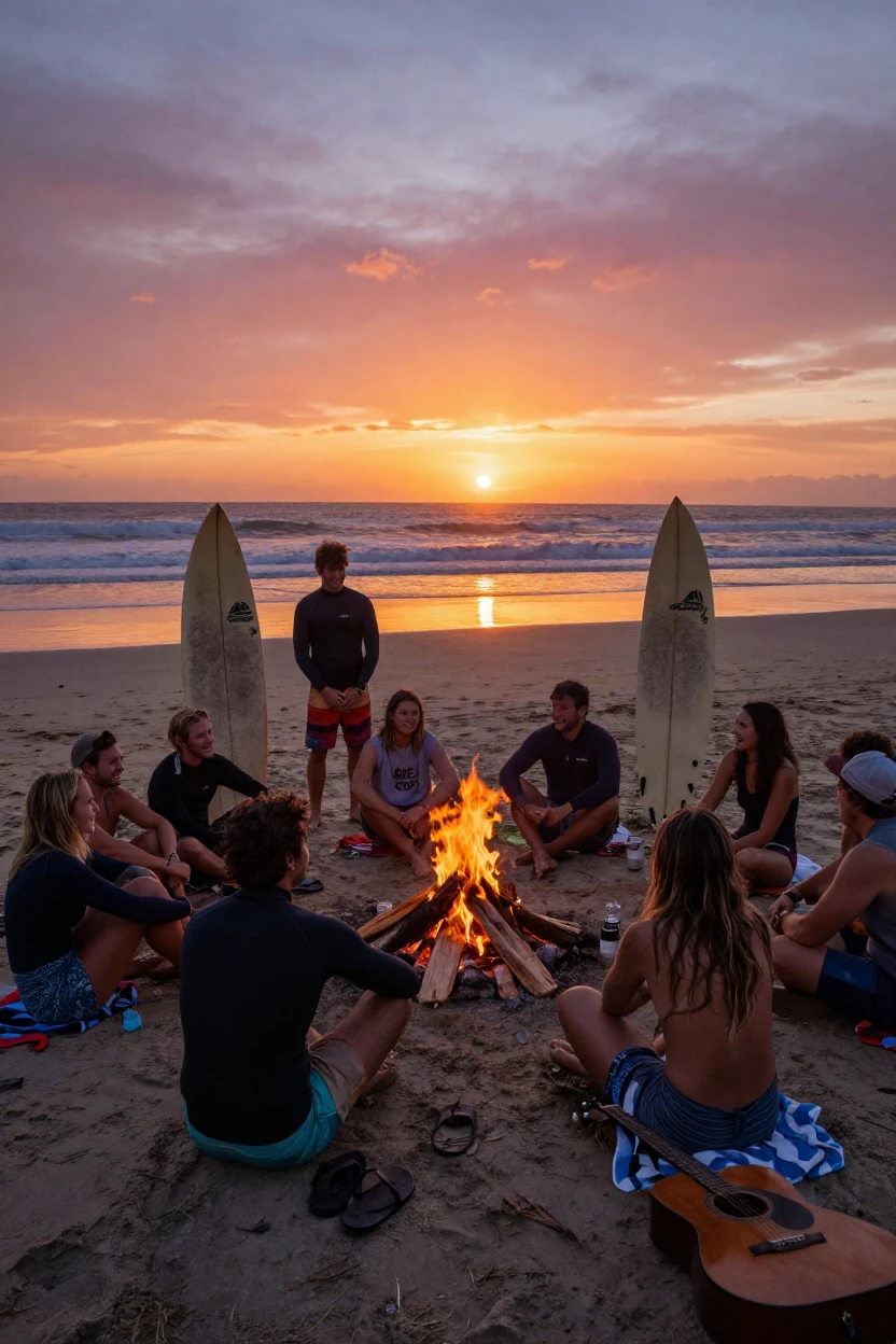A surfers' bonfire gathering as the sun sets