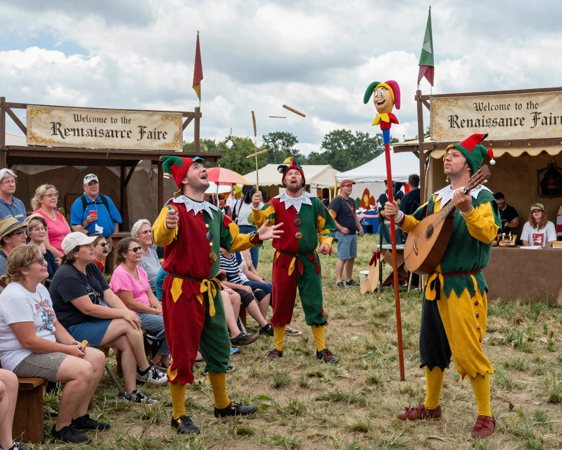 A troupe of court jesters entertains a crowd at a Renaissance festival.