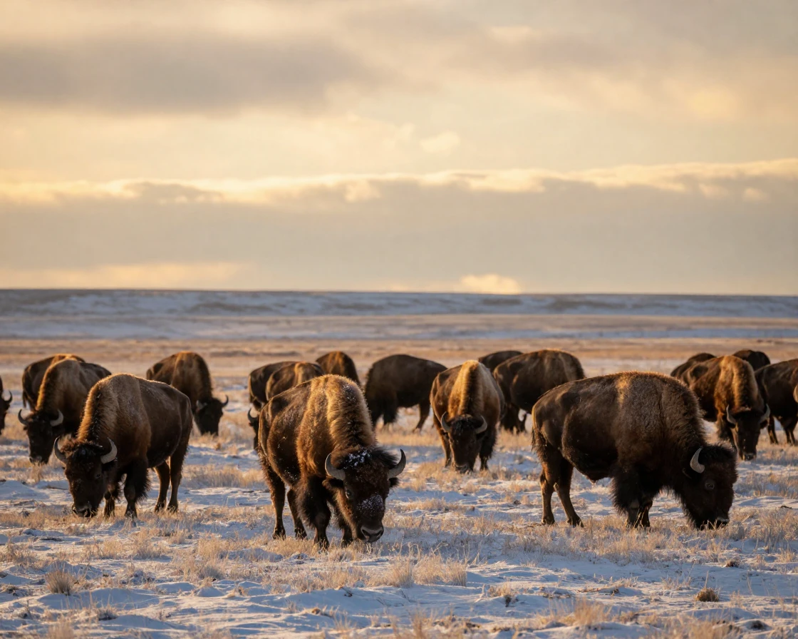 A herd of bison grazing peacefully across a snow-dusted prairie