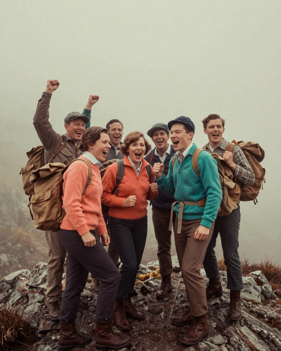 A group of hikers cheering at a mountain summit, in low lamplight, in thick rolling fog, under the first snow of winter, in vivid coral and turquoise hues, at eye level, intimate and direct.