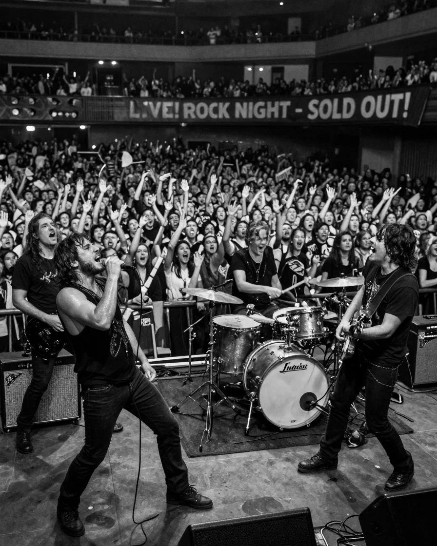 A rock band plays before a roaring crowd at a sold-out arena.