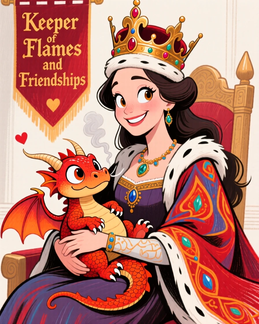 A royal dragon tamer bonding with a baby dragon curled in her lap.