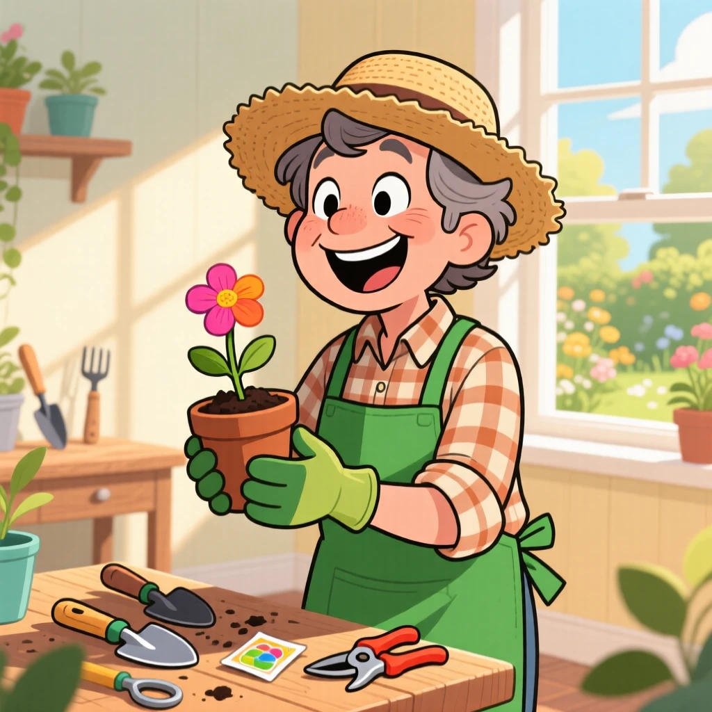 An everyday-life snapshot of a devoted gardener, grinning at a small but satisfying success, as soft light streams through a nearby window.