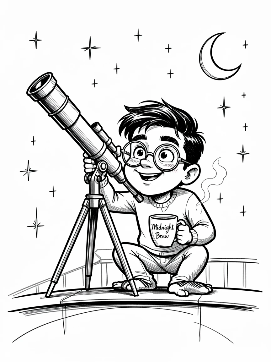 [Trending & Universal Topics] Modern lifestyle scene of a night owl stargazing with a telescope from a rooftop, capturing everyday joy