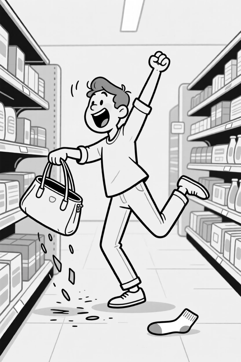 A person doing an exaggerated victory dance over parking spot, dropping one bag while frantically digging for keys, set in a supermarket aisle. A single sock lies abandoned nearby. The scene captures the comedy hidden in ordinary days.