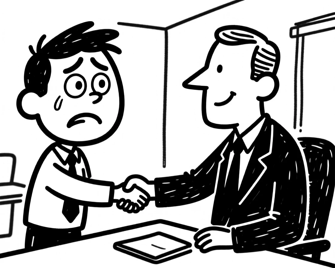 A nervous job candidate shaking hands after a successful interview, relief on their face.
