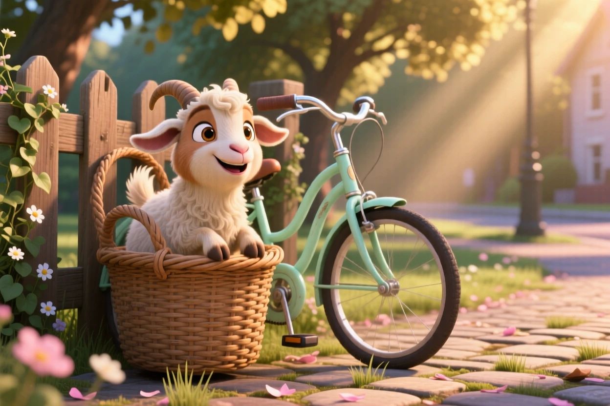 A small pygmy goat is sitting in a vintage bicycle basket, wagging its tail happily. A quiet, comforting sweetness surrounds the scene, with soft light catching its fur.
