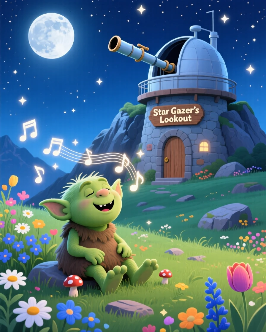 A friendly troll pauses from singing a lullaby that makes flowers bloom to marvel at a mountaintop observatory, with the whole scene bathed in soft moonlight.