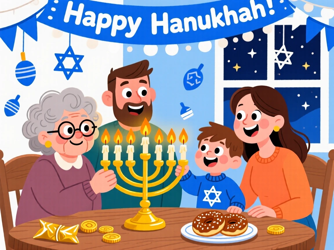 A family lighting candles together during a joyful Hanukkah celebration.