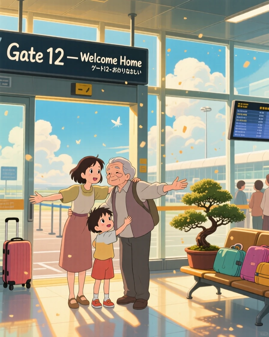 A tender moment of a family reunited at an airport gate, arms outstretched, the scene filled with hope.