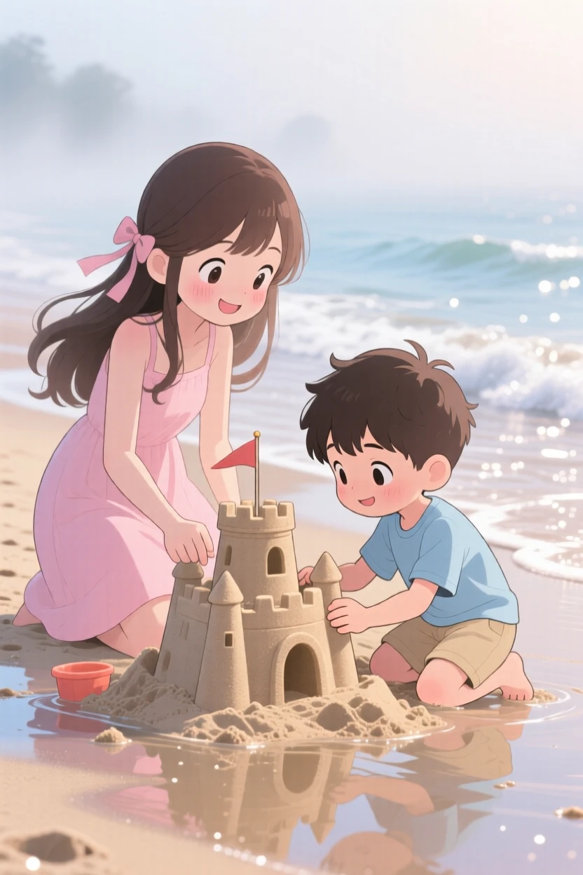 A big sister and little brother building a sandcastle together, framed as a three-quarter view within a sunny beach, on a misty foggy morning, glowing under shimmering reflected light off water, evoking shy bashfulness.
