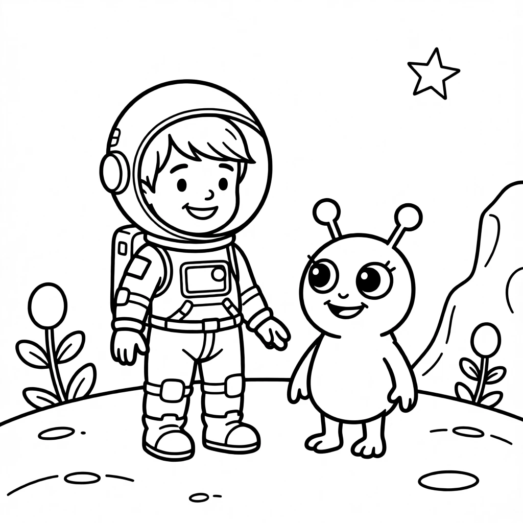 An astronaut befriending a curious alien creature