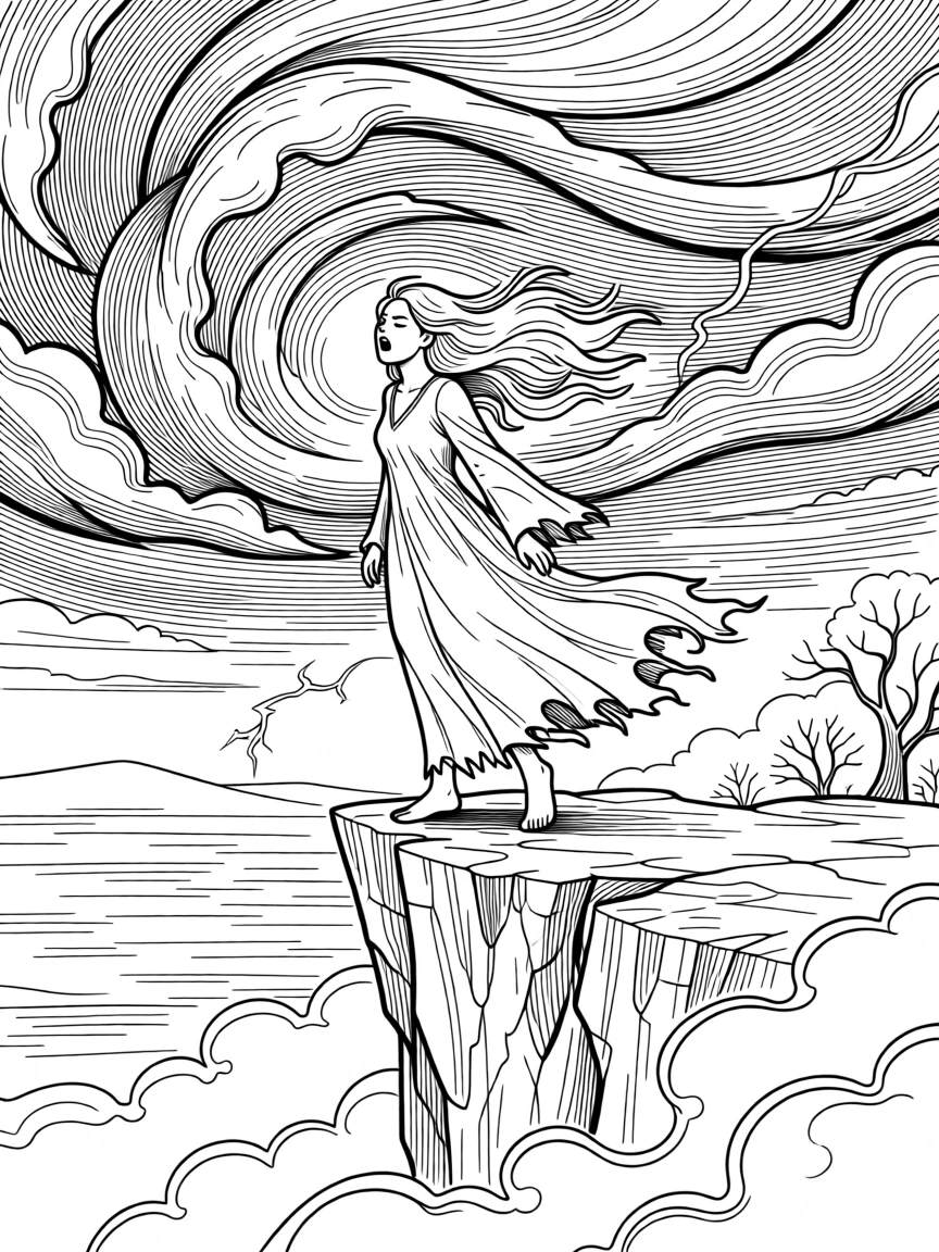 A banshee wailing atop a misty cliff, with a storm gathering ominously overhead.