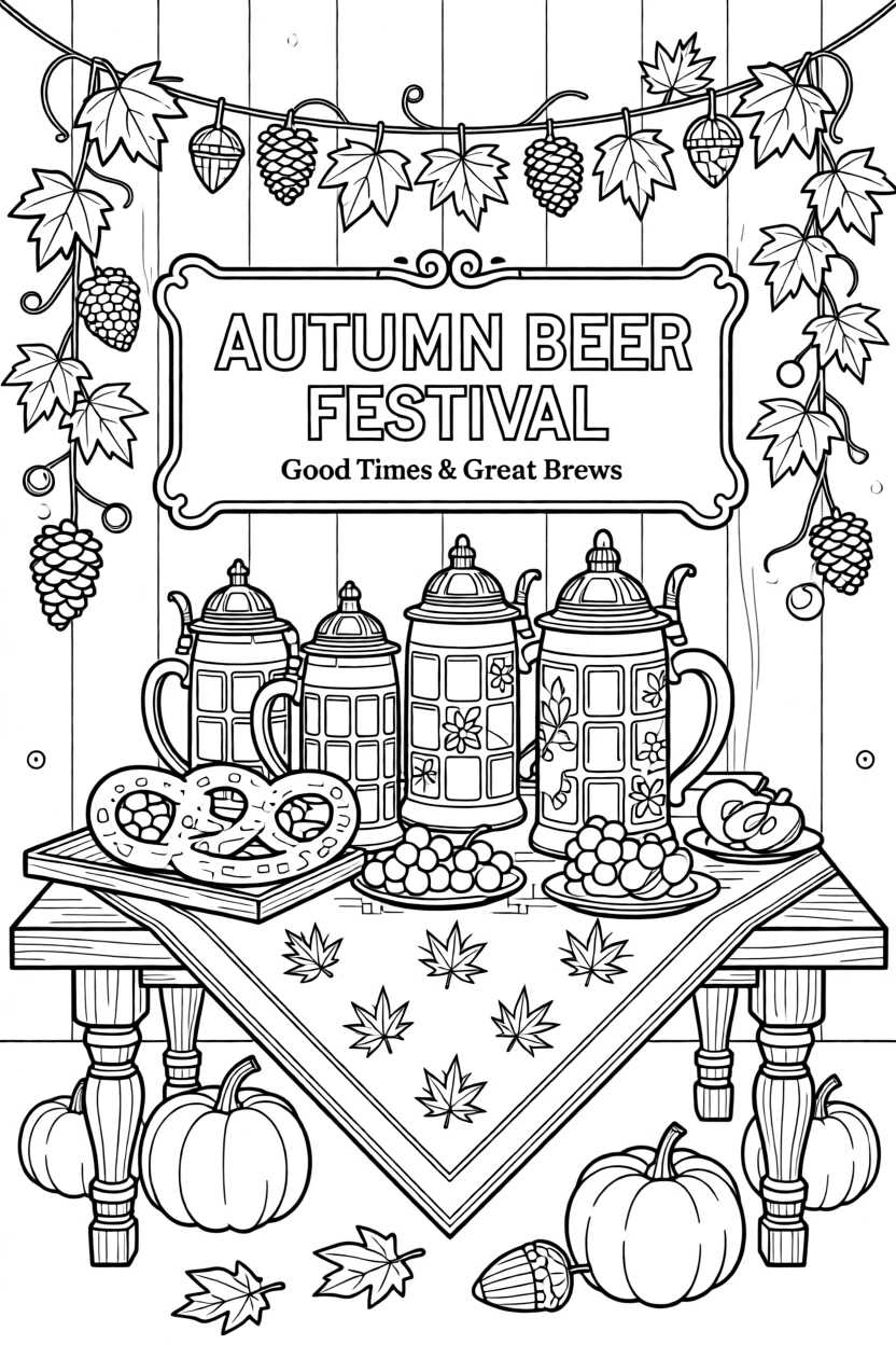 An autumn beer festival table with steins, pretzels, and garlands.