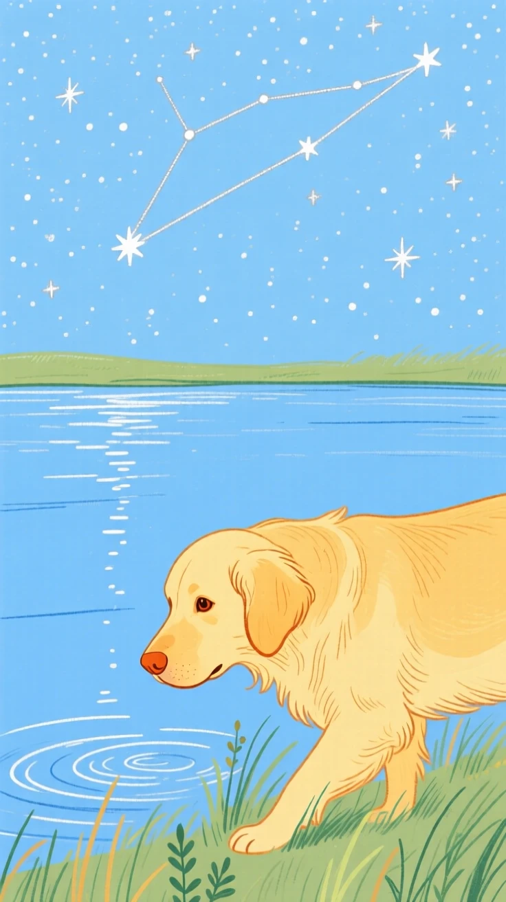 A golden retriever exploring beside a still lake under a clear starry sky.