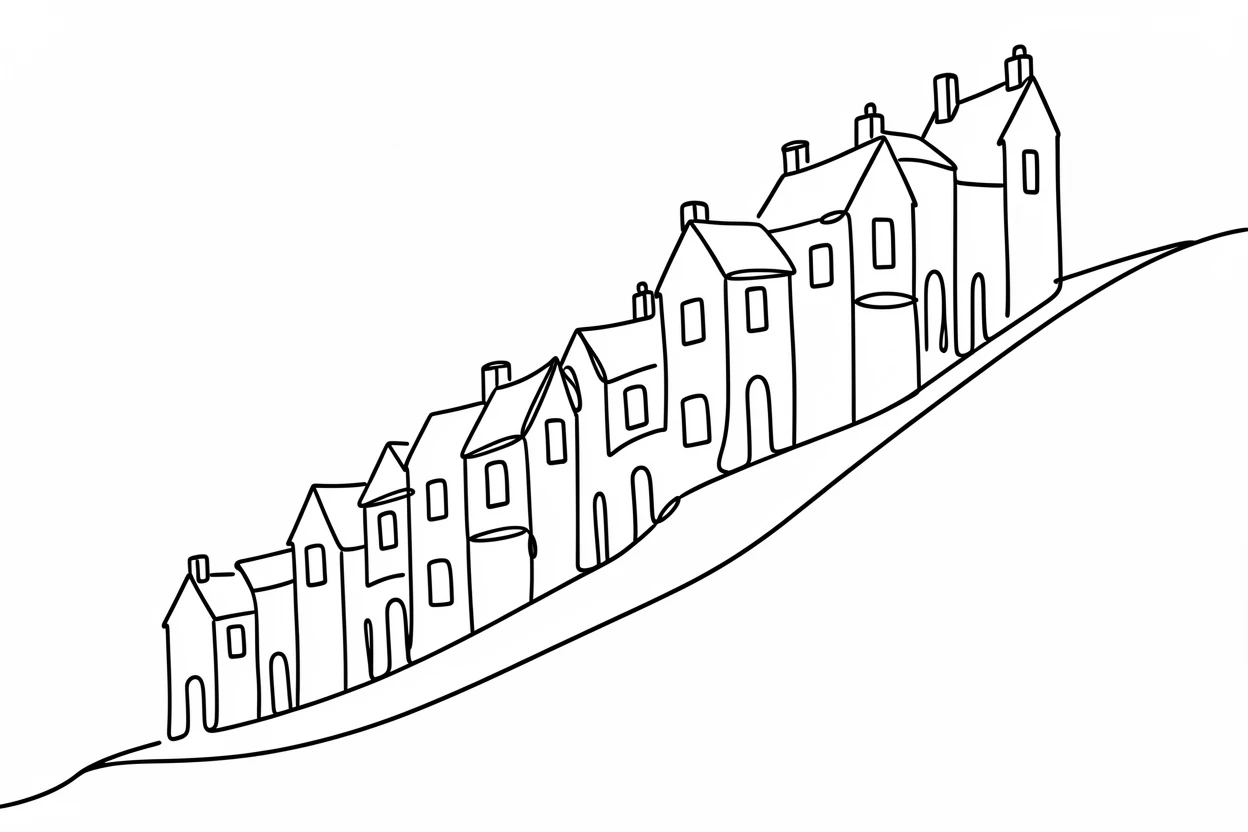 A row of narrow terraced houses climbing up a steep hillside street