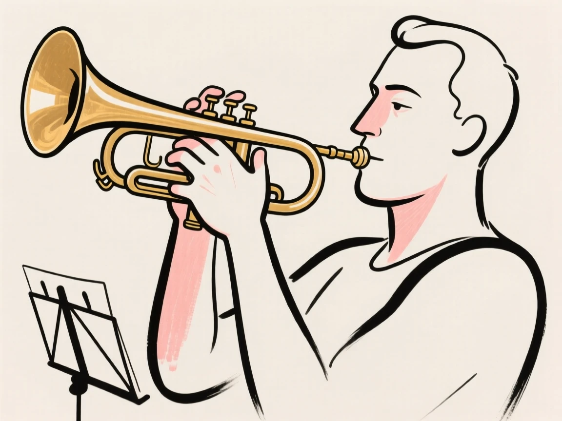 A trumpet player mid-note