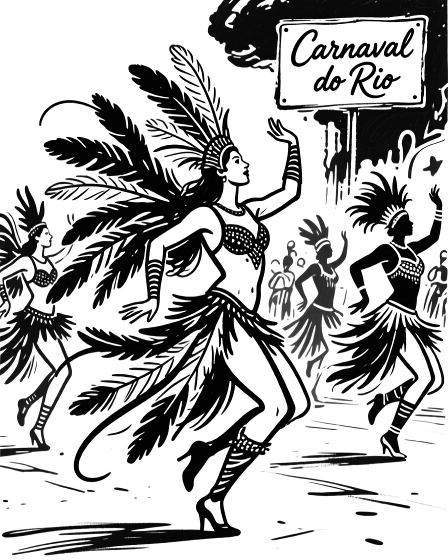 A vibrant Rio de Janeiro carnival parade with elaborate feathered costumes.