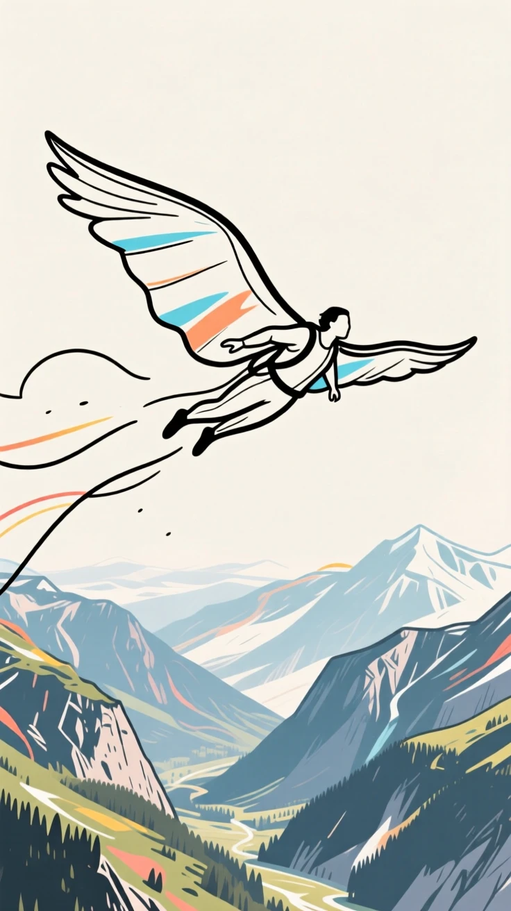 A wingsuit flyer soaring above a dramatic mountain valley.