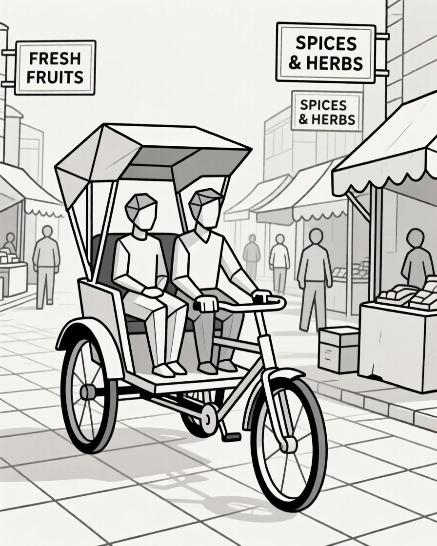A rickshaw carrying passengers through a busy market street