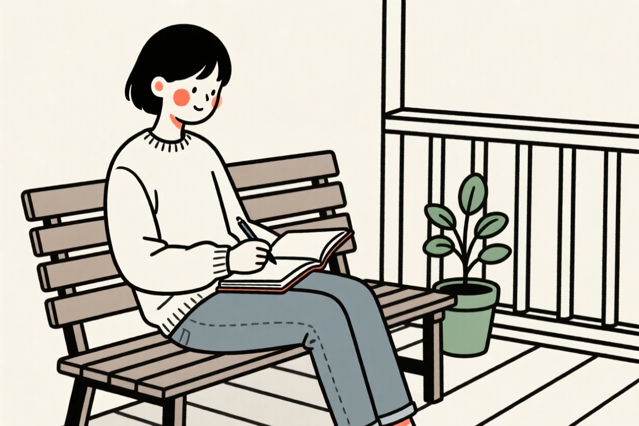 A college student journaling on a quiet porch.
