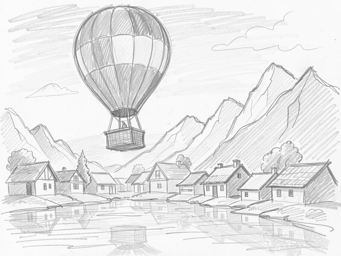 A vibrant cultural scene of a colorful hot air balloon rising at sunrise in a remote mountain village, with reflections shimmering on calm water.