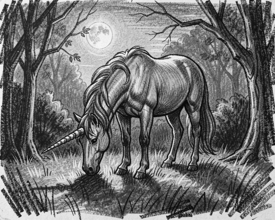 A unicorn grazing in a moonlit clearing, as the last light of day fades to dusk.