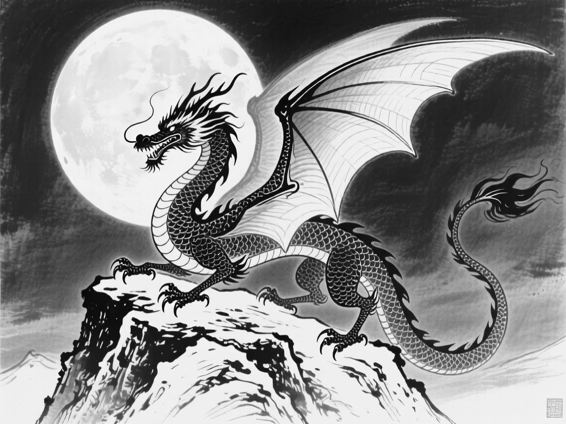 A majestic dragon perched atop a mountain peak, wings spread wide against the moon.