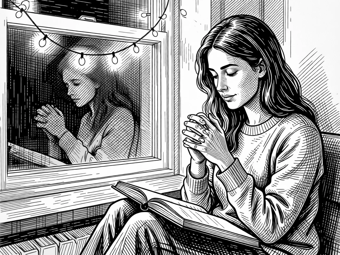 A woman sketching in a notebook by a window beneath the glow of string lights, with hands clasped warmly together, creating a genuinely uplifting lifestyle scene.