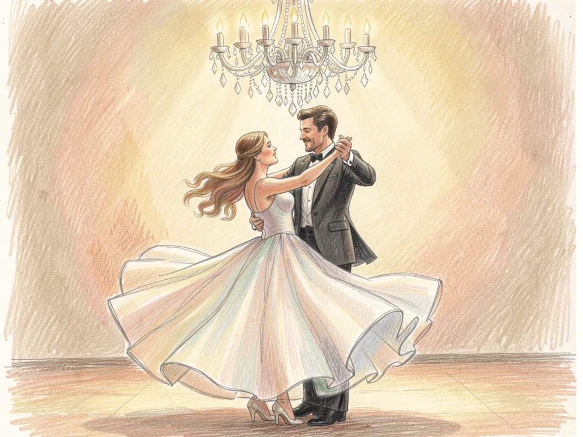 A ballroom dance couple twirling beneath a crystal chandelier, with soft, natural light bringing warmth to every detail, radiating comfort, joy, and quiet beauty.