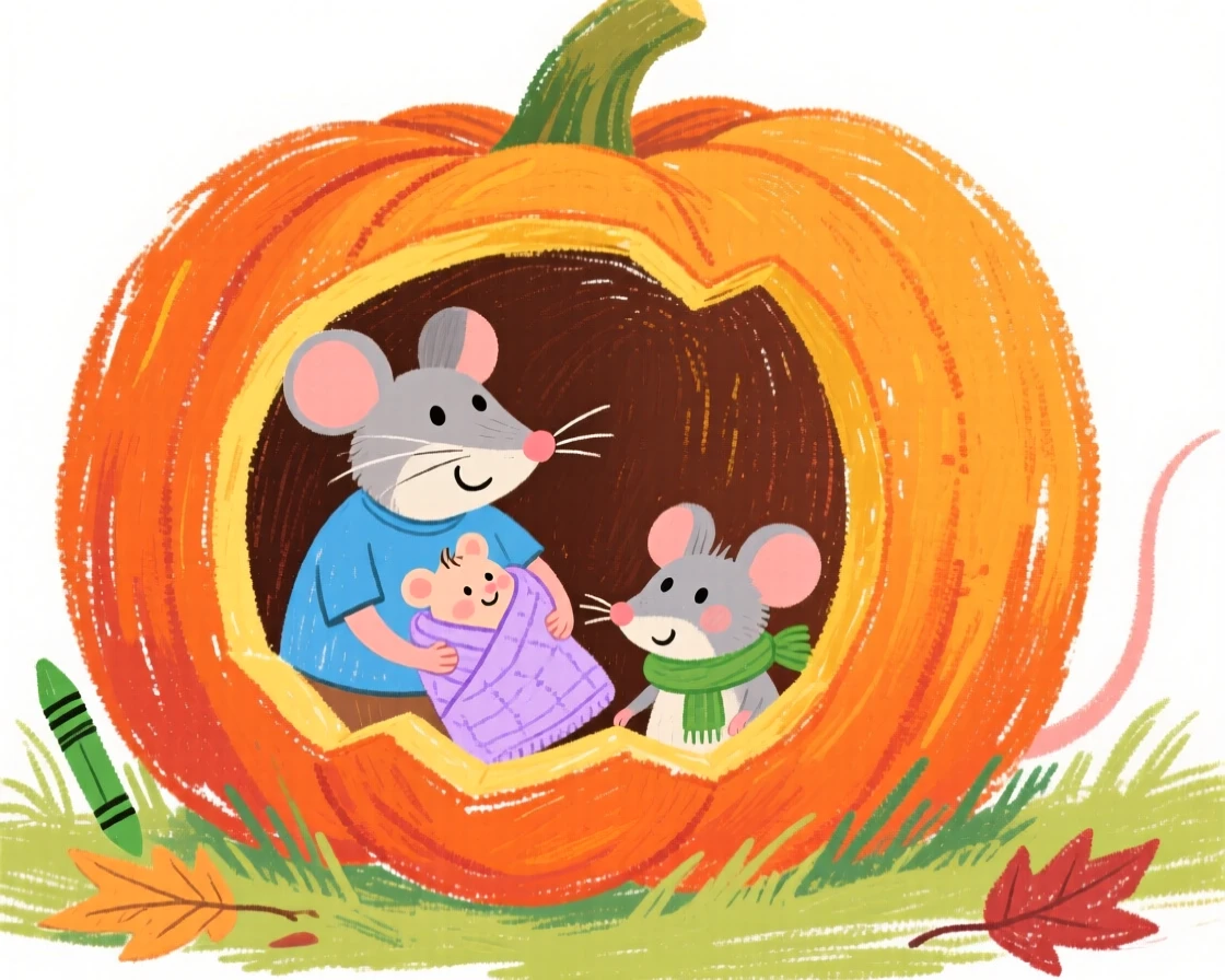 A family of mice living inside a cozy hollowed out pumpkin.