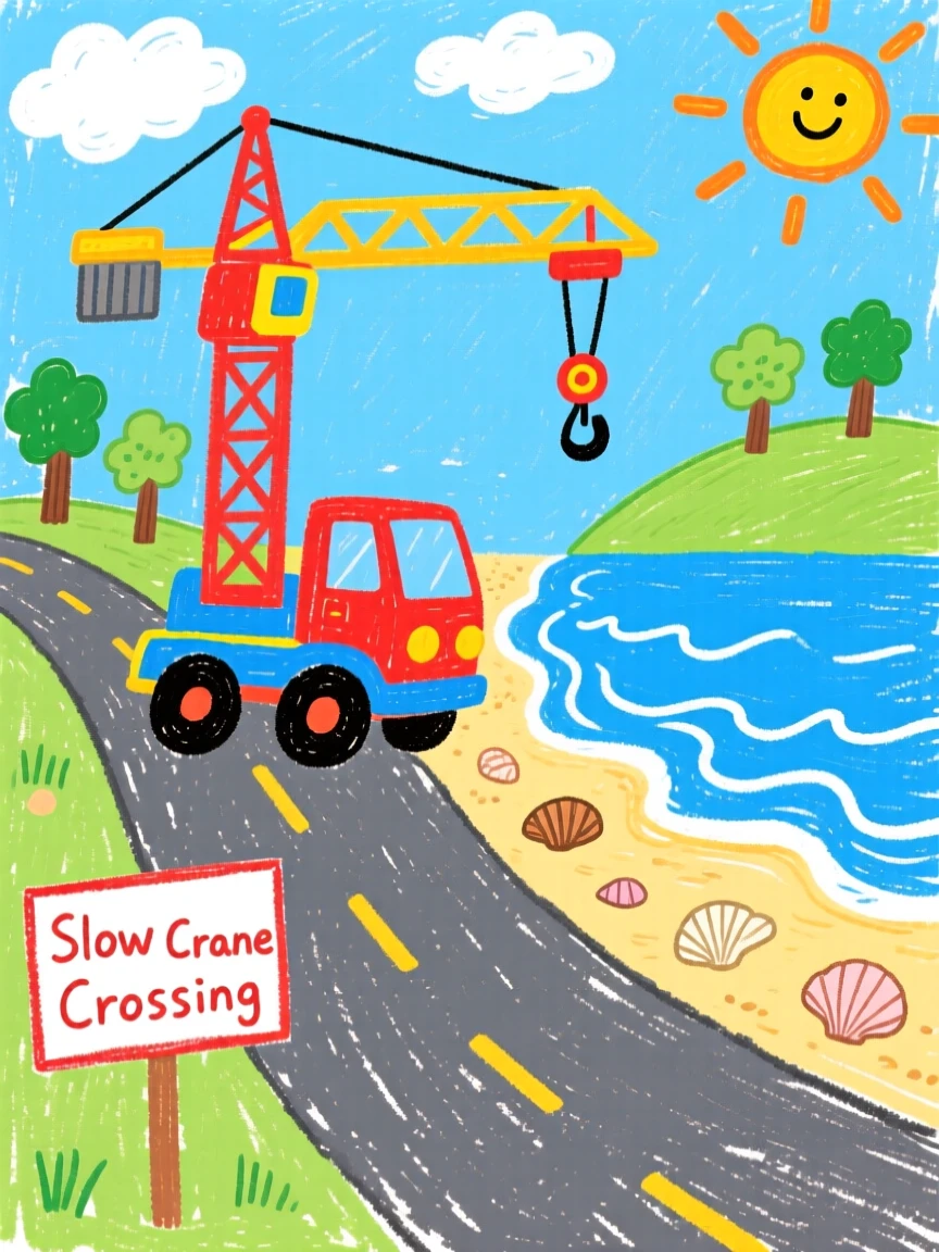 A bustling construction crane traveling along a winding coastal road.