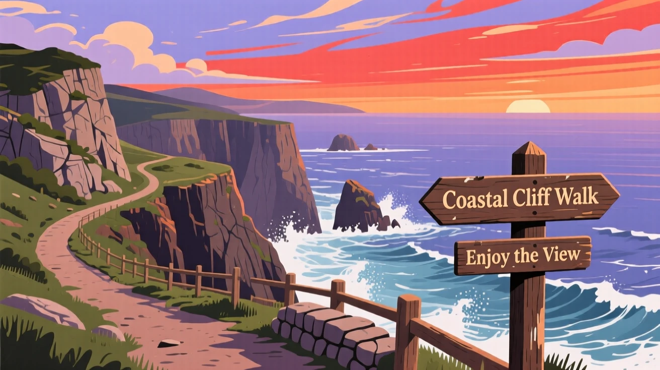 A scenic coastal cliff walk overlooking crashing waves, under a dramatic sunset sky, captured from a scenic elevated viewpoint, with a nostalgic, postcard-like charm.